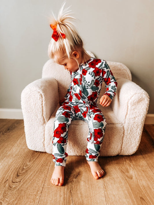 Tropical red hibiscus flower and leaves bamboo convertible footie pajama