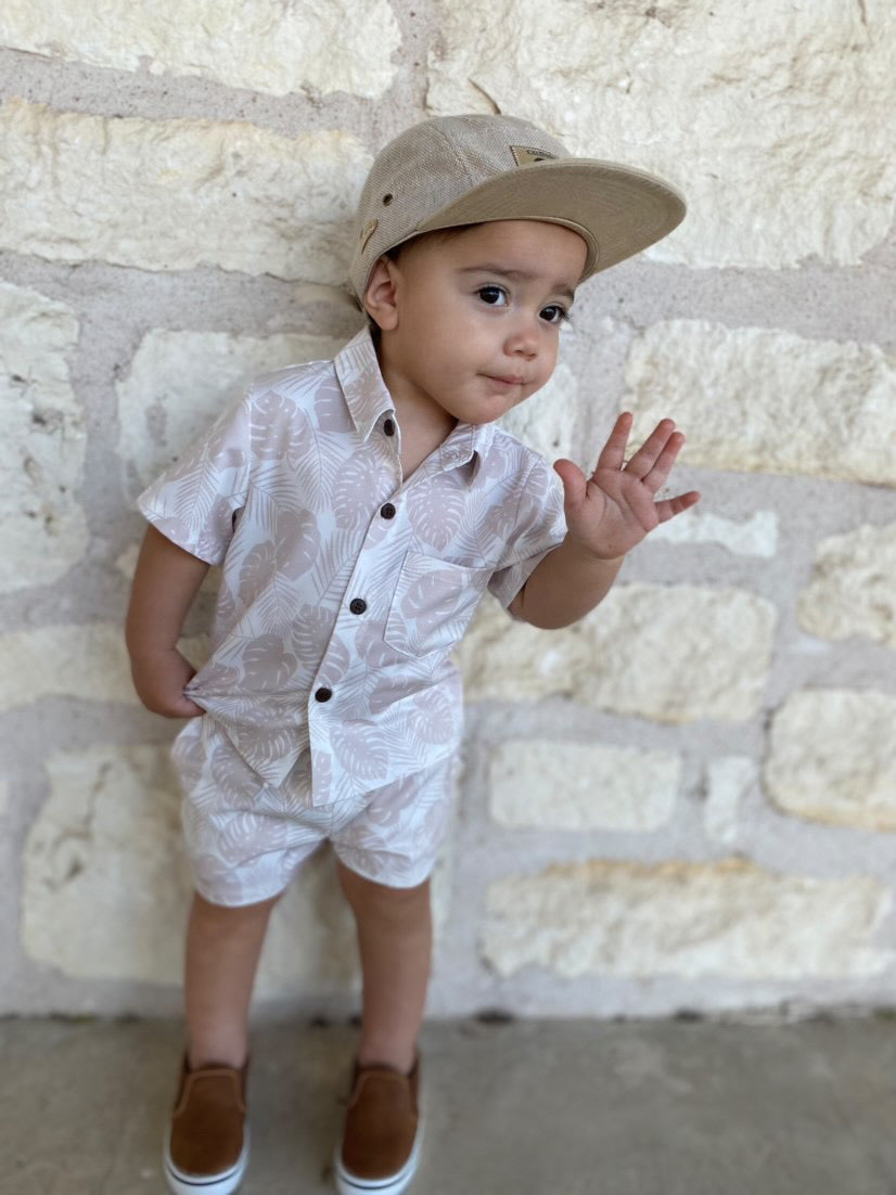 Boy's tropical baby outfit. Neutral colored tan leaves aloha shirt and shorts