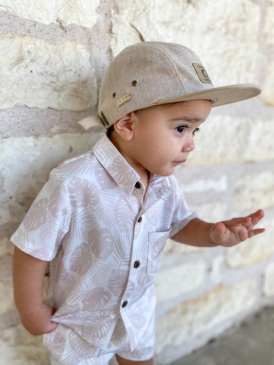 Boys' Tan Leaves Button-Down Hawaiian Shirt - Stylish and Trendy Boys' Fashion with Tropical Leaf Design